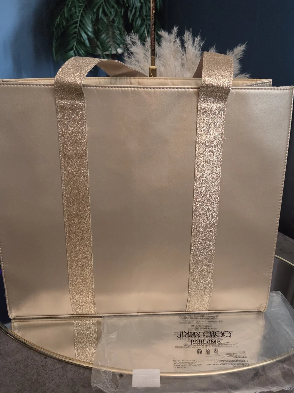 NWT Jimmy Choo Metallic Gold Tote with Glitter Strap and matching  Pouch